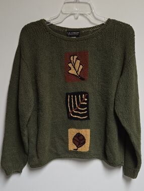 Vintage M Gibson Olive Green Crewneck Sweater with Autumn Leaf Blocks100% Cotton